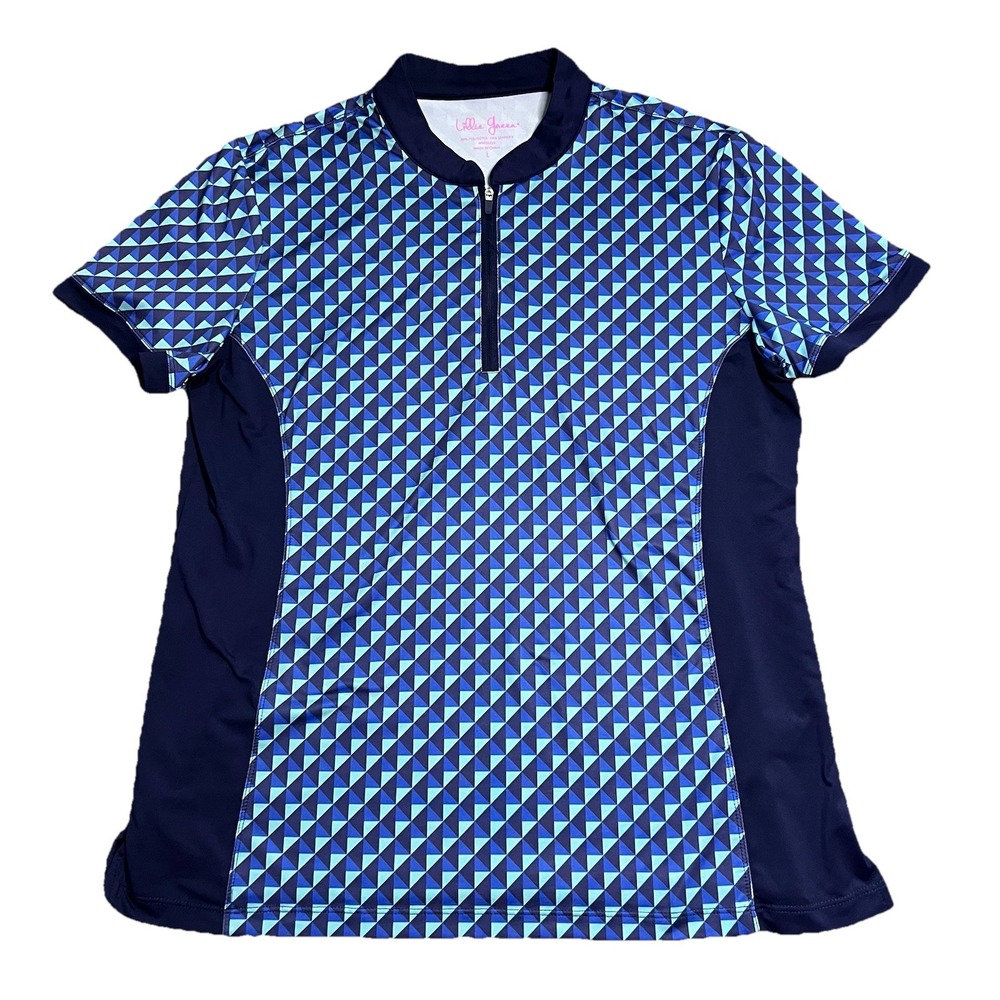 Lillie Green Womens Large Blue Geometric Quarter Zip Short Sleeve Golf Polo Top